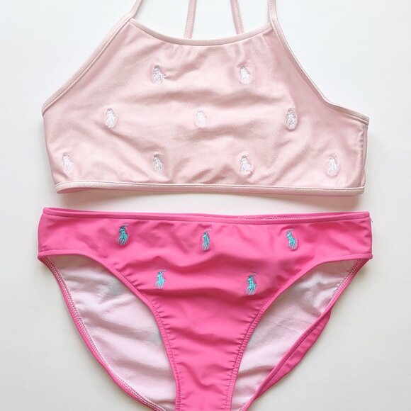 Polo Ralph Lauren Other - Polo Ralph Lauren Girl's 2 Pc Bikini Pink w/ White & Blue Pony Lined Size 14 EUC